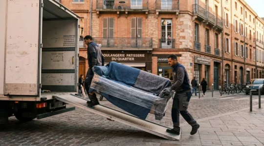 Deux déménageurs professionnels déchargeant un canapé protégé depuis un camion devant une façade toulousaine en brique rose typique, lumière dorée de fin de journée