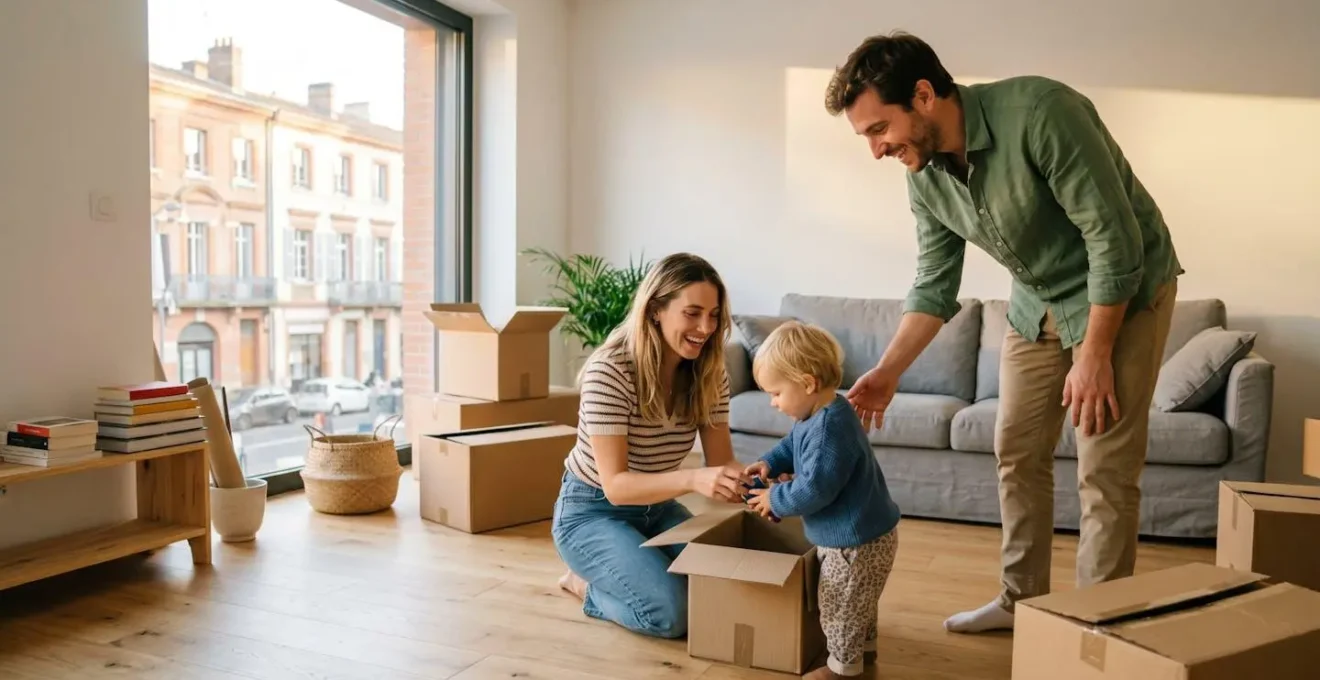Jeune couple avec enfant souriant dans leur nouveau salon lumineux toulousain avec cartons de déménagement partiellement déballés, lumière dorée naturelle