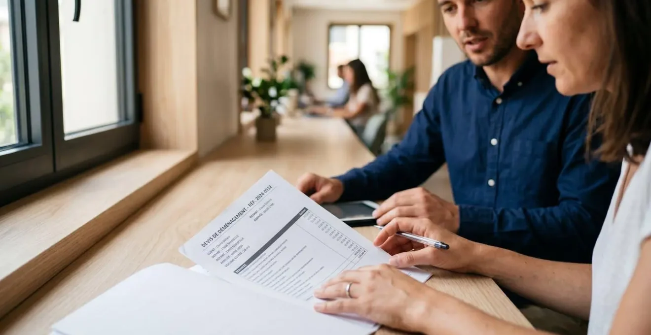 Mains consultant un document de devis déménagement sur un bureau d'agence moderne, conseiller et client en discussion floue à l'arrière-plan, lumière naturelle