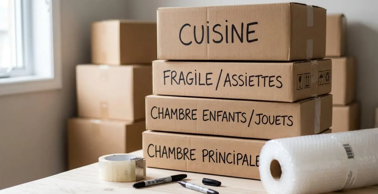 Pile de cartons de déménagement étiquetés en français avec mentions 'Cuisine' et 'Fragile', accompagnés de papier bulle et marqueurs sur surface claire