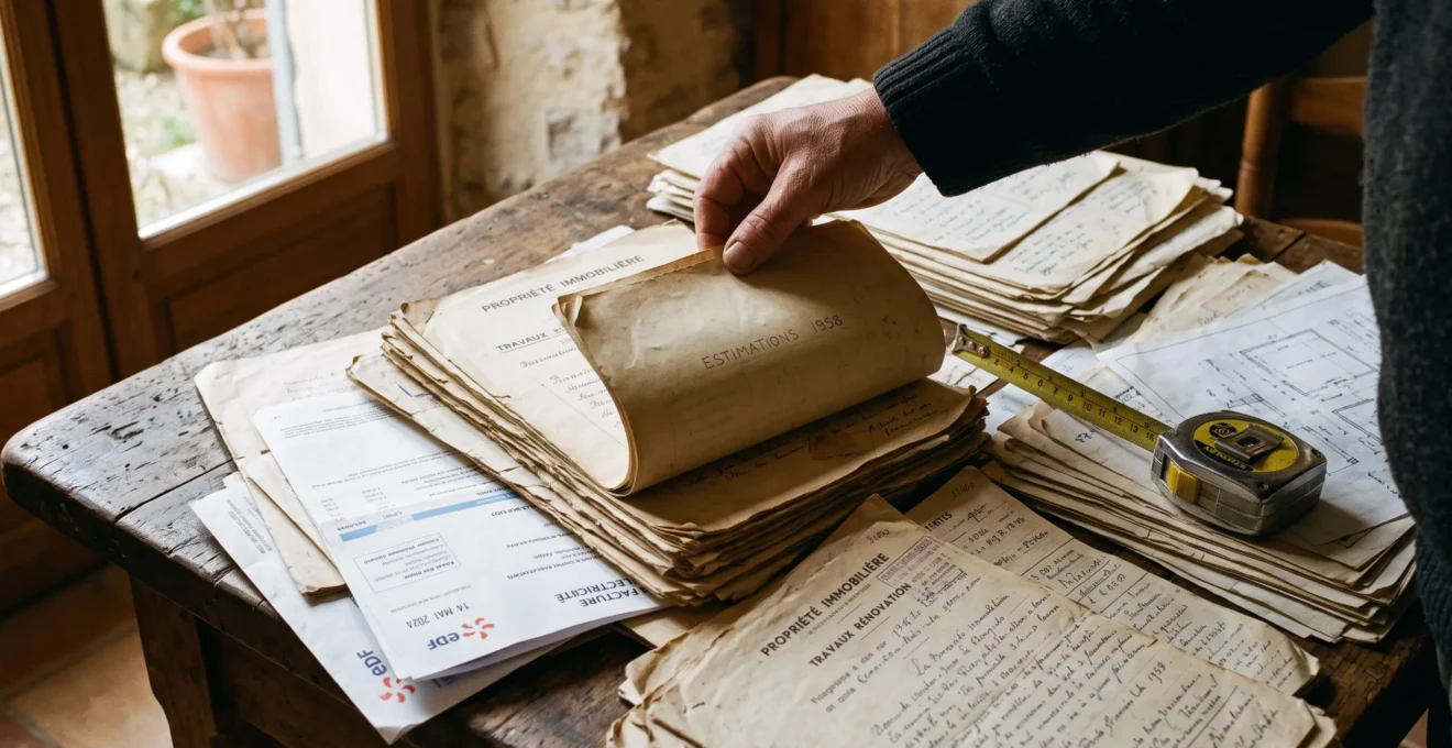 Des documents et estimations de valeur du bien étalés sur une table familiale.