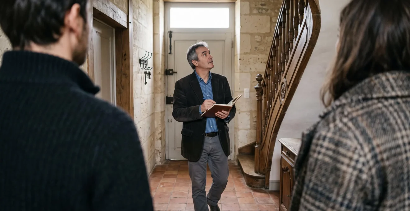 Un expert judiciaire examine l'intérieur d'une maison en présence des héritiers.