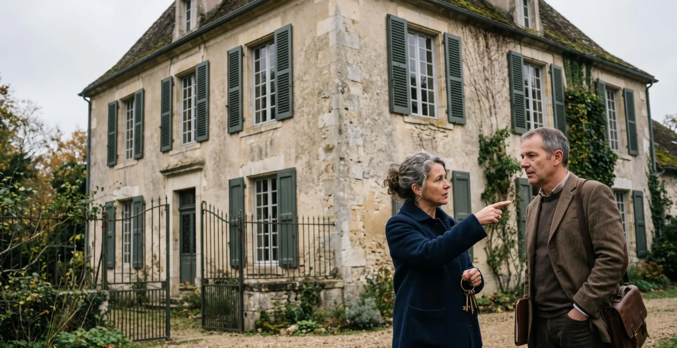 Deux héritiers discutant devant la maison familiale dont ils partagent la succession.