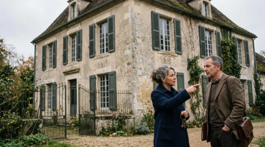 Deux héritiers discutant devant la maison familiale dont ils partagent la succession.